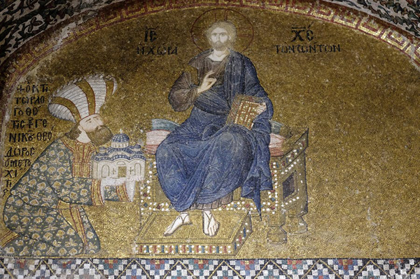 Image - A mosaic of Theodore Metochites presenting a model of the Church of the Chora to Christ (Chora Monastery, Constantinople, 1316-21).