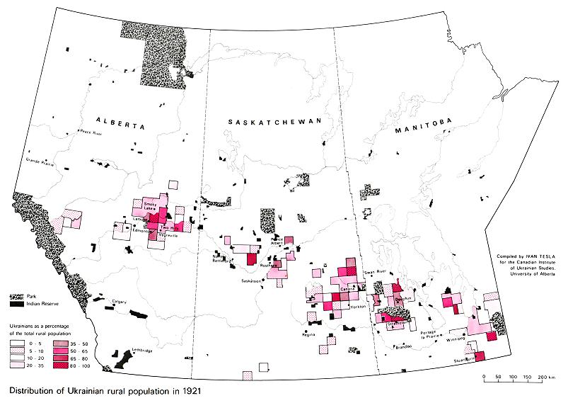 Image -- Map (1 of 3): Distribution of Ukrainian Rural Population in the Prairie Provinces of Canada in 1921.
