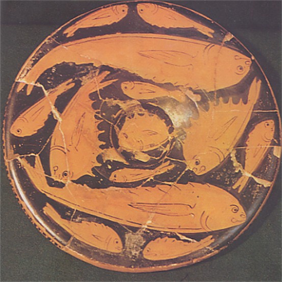 Image -- A ceramic plate with fishes from Chersonese Taurica (in the Khersones Tavriiskyi National Preserve museum).