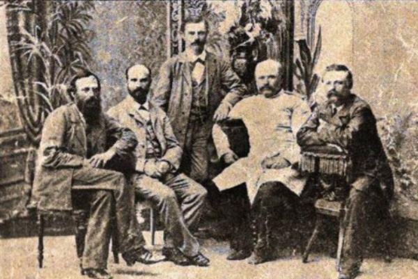 Image -- Members of the Hromada of Kyiv (late 1860s): T. Rylsky, V. Berenshtam, V. Antonovych, T. Panchenko, B. Poznansky.