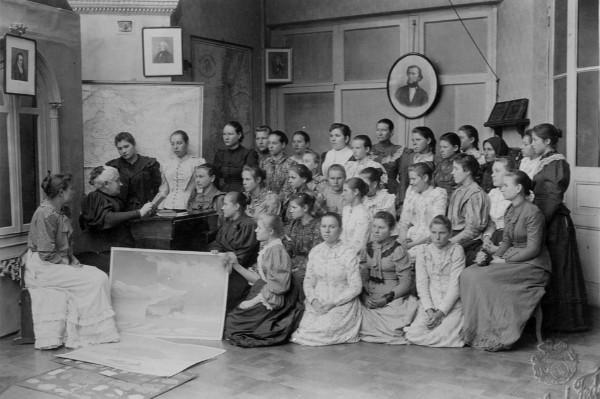 Image -- Khrystyna Alchevska in her Kharkiv Womens Sunday School (1890s).