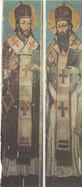 Image - Yov Kondzelevych: Icon of St. John Chrysostom and St. Basil the Great from the village of Horodyshche in Volhynia (late 17th century).