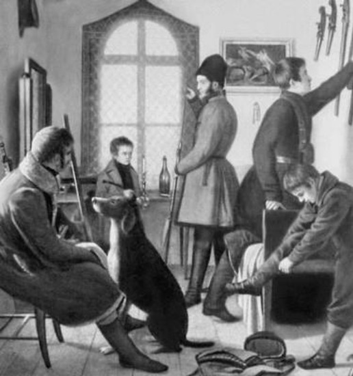 Image -- Yevhraf Krendovsky: Gathering for a Hunt (1836).