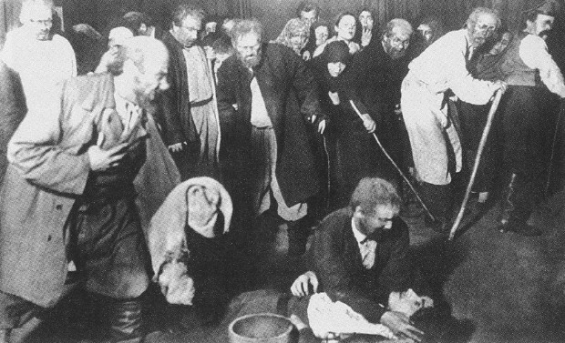 Image -- A scene from 97 by Mykola Kulish at the Ivan Franko Theater in Kharkiv (dir. Hnat Yura, 1924).