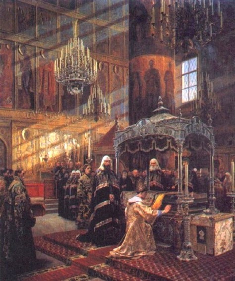 Image -- Oleksander Lytovchenko: Tsar Aleksei Mikhailovich and Patriarch Nikon (1886).