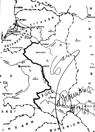 Image -- Map of Poland signed by Stalin and Ribbentrop on 28 September 1939, adjusting the German-Soviet border in the aftermath of German and Soviet invasion of Poland.