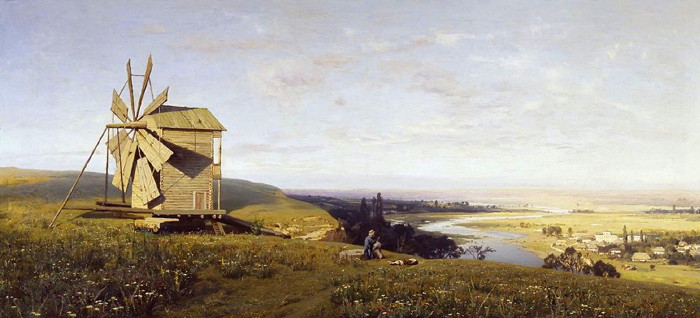 Image -- Volodymyr Orlovsky: A Ukrainian Landscape with Windmill (1882).