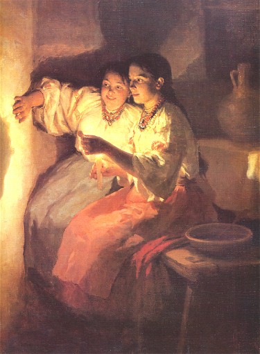 Image -- Mykola Pymonenko: Yuletide fortune tellers (1888).