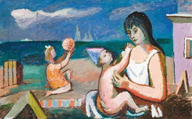 Image -- Roman Selsky: Mother with Child at Beach (1980s).