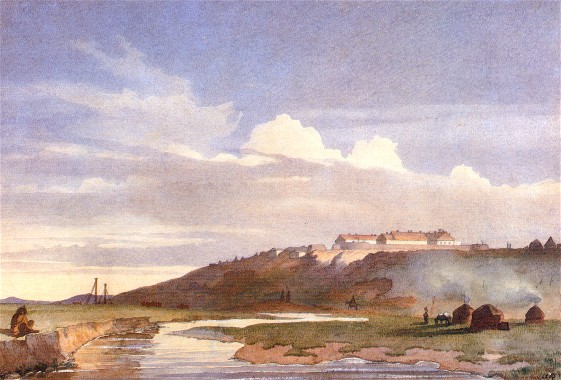 Image -- Taras Shevchenko: View of the Irgyzkala Fort (1850).