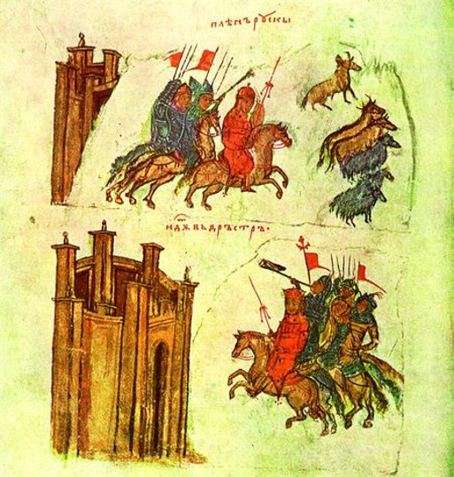 Image -- Prince Sviatoslav Ihorevych's victory in Bulgaria (from the Byzantine chronicle of Constantine Manasiia).