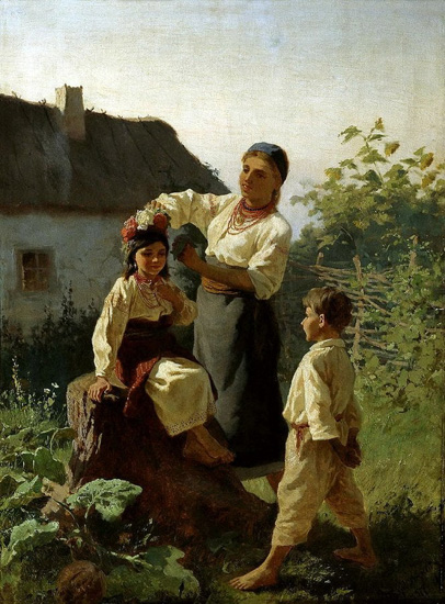 Image -- Kostiantyn Trutovsky: Putting on Wreath (1893).
