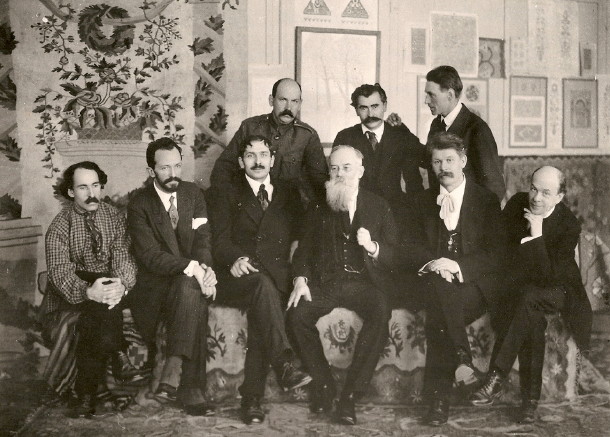 Image -- Founders of the Ukrainian State Academy of Arts: standing (left to right) H. Narbut, V. H. Krychevsky, M. Boichuk; siting: A. Manevich, O. Murashko, F. Krychevsky, M. Hrushevsky, I. M. Steshenko, M. Burachek.