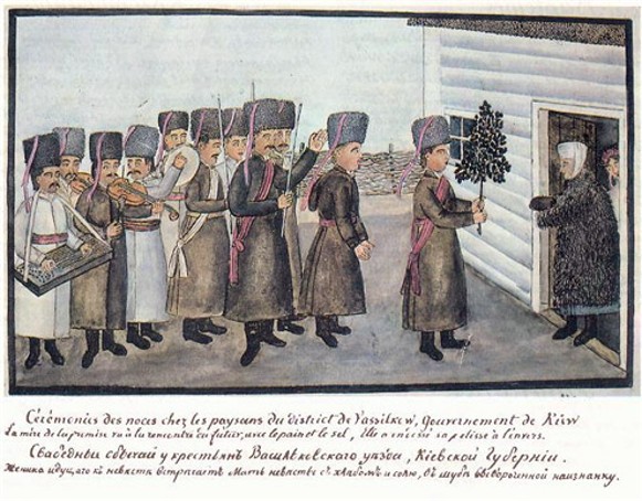 Image - An 18th-century drawing of a folk wedding ritual in Kyiv gubernia.