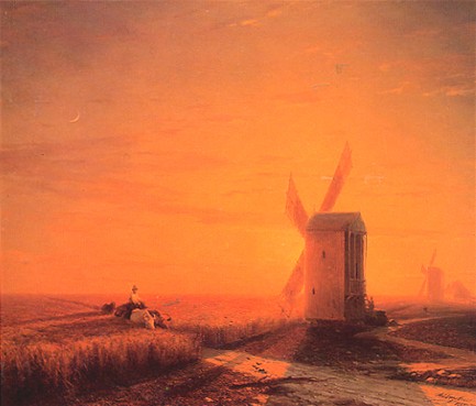 Image -- Ivan Aivazovsky: Windmills in the Ukrainian Steppe during Sunset