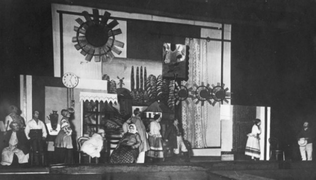 Image -- A scene from Les Kurbas production of Mykola Kulishs Peoples Malakhii in the Berezil theater (1928).