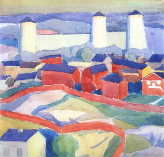 Image -- Oleksander Bohomazov: A Landscape with Red Houses (1911).