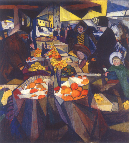 Image -- Oleksander Bohomazov: The Sennoi Market (1914).