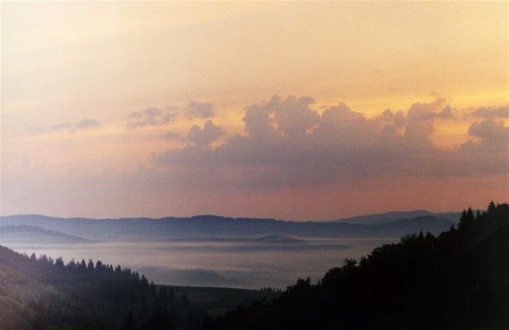 Image -- The Borzhava mountain group in the Polonynian Beskyd at sunset.