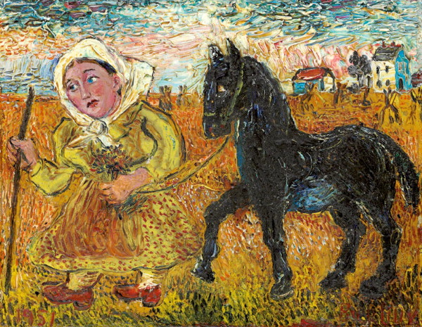 Image -- Davyd Burliuk: A Woman in Yellow Dress and a Black Horse.