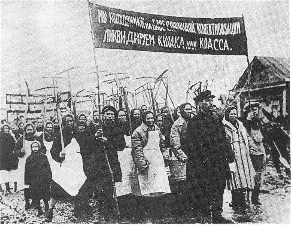 Image - A propaganda photograph depicting collective farm members who promote the collectivization and anti-kulak campaign.