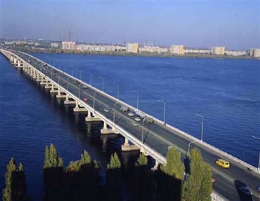 Image -- Dnipro: A bridge over the Dnipro River.