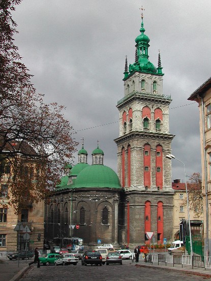 Image -- The Church of the Lviv Dormition Brotherhood (built 1591-1631) and the Korniakt Tower (1578).