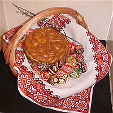 Image -- Traditional Ukrainian Easter basket on display at the Ukrainian Museum in New York.