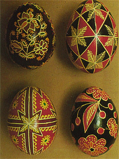 Image -- Ukrainian Easter eggs (from left to right, top then bottom): first three fom Pokutia, Sokal area.