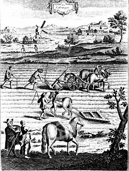 Image -- Engraving: Peasants plowing with horses.