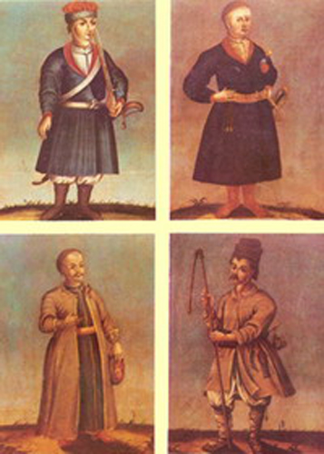 Image -- Estates in the Cossack Hetman state: a Cossack, a sotnyk, a burgher, and a peasant.
