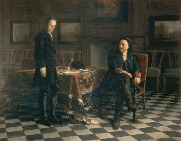 Image -- Mykola Ge: Peter I Interrogating Tsarevich Alexei Petrovich in Peterhof (1871).