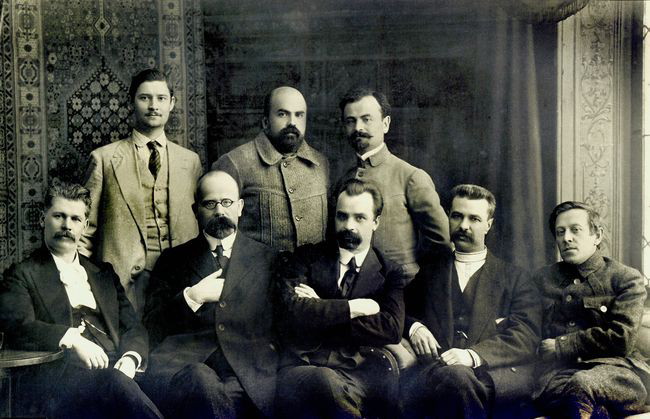 Image -- The first General Secretariat of the Central Rada (1917). Sitting, from left: Steshenko, Baranovsky, Vynnychenko, Yefremov, Petliura. Standing: Khrystiuk, Stasiuk, Martos.