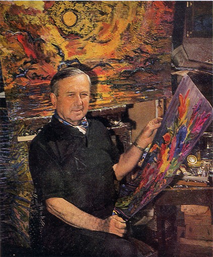 Image - Mykola Hlushchenko with his paintings.
