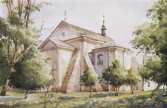 Image -- A watercolor painting of the Armenian Church (1706) in Horodenka.