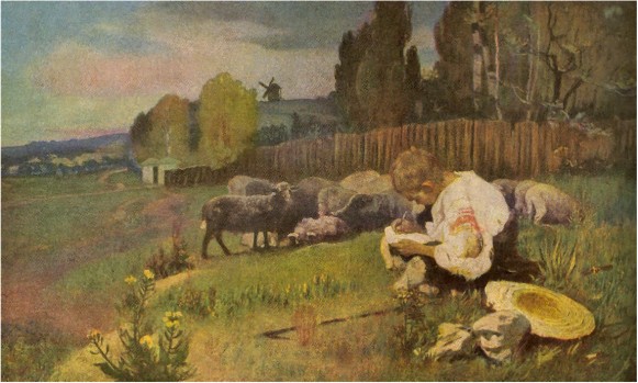 Image -- Ivan Izhakevych: Taras Shevchenko as Shepherd, based on the poem I Was Turning Thirteen (1939).