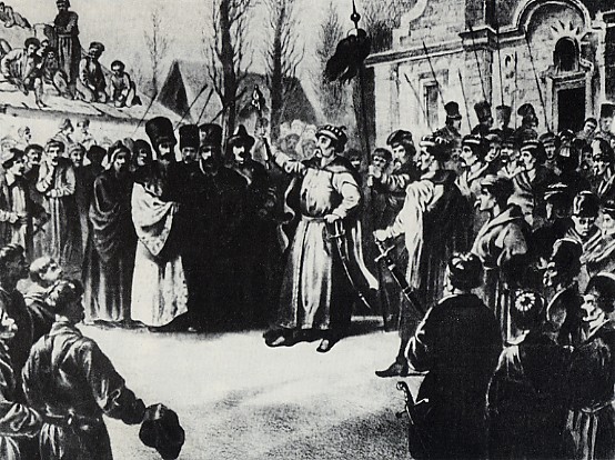 Image - Bohdan Khmelnytsky speaks to Cossacks at Pereiaslav in 1654.