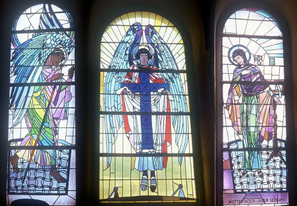 Image -- Petro Kholodny: Stained glass windows in Dormition Church in Mrazhnytsia, Lviv oblast.