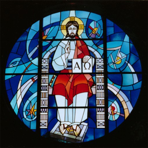 Image - Roman Kowal: Christ Enthroned, stained glass, 1960s, Saint Andrews Church, Winnipeg, Manitoba.