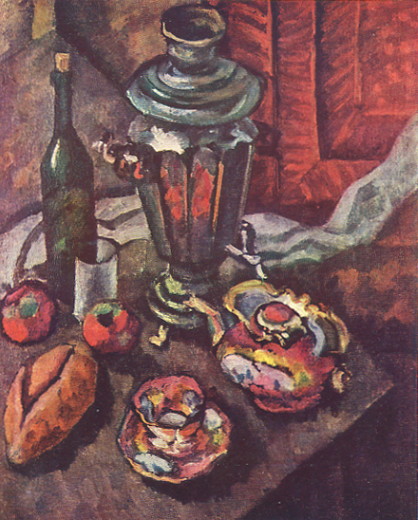 Image -- Lev Kramarenko: Still Life with Samovar (1929).