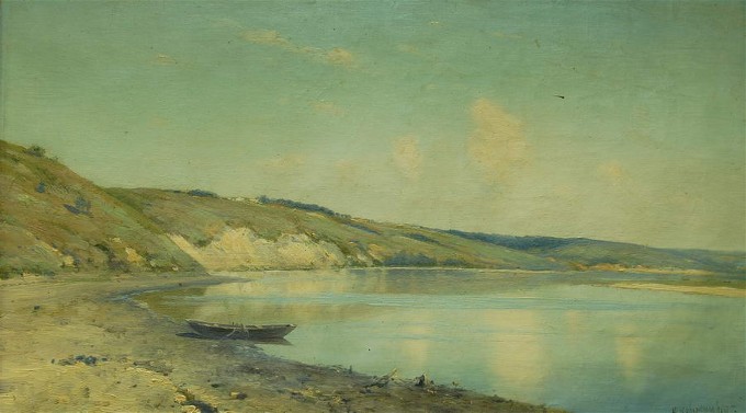 Image -- Kostiantyn Kryzhytsky: A Boat on River Bank (1898).