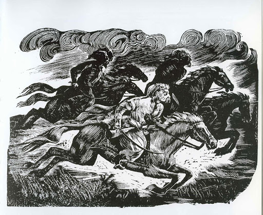 Image -- Yurii Kulchytsky: Pursuit (1948 woodcut).