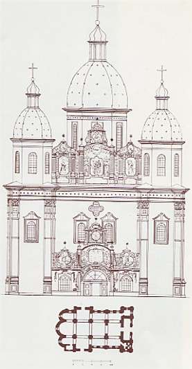 Image -- Kyiv Epiphany Church floor plan and western facade.