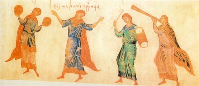 Image -- The Dance of Miriam: an illumination from the Kyiv Psalter (1397).