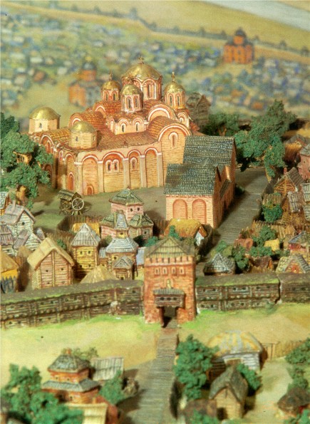 Image -- D. Maziukevych's model of Kyiv's ditynets (11th century) with the Church of the Tithes in the centre.
