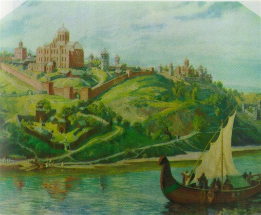 Image - View of the Kyivan Cave Monastery in the 13th century (painting by V. and A. Masyk, 1974).