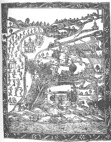 Image -- Plan of Far Caves of the Kyivan Cave Monastery in Atanasii Kalnofoisky's book Teraturgima... (1638)