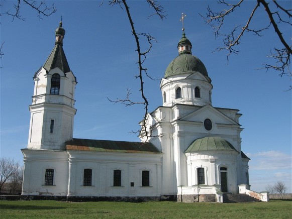 Image -- Church of the Three Saints (1761) in the village of Lemeshi, Chernihiv region (funded by Hetman Kyrylo Rozumovsky; designed by Ivan Hryhorovych Barsky).