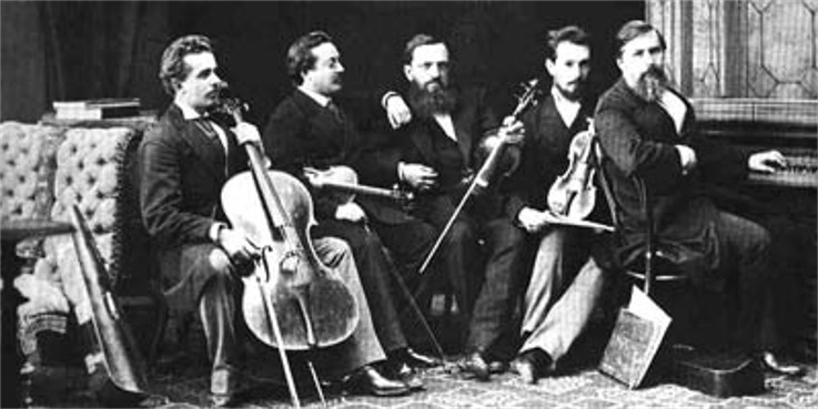 Image -- Mykola Lysenko in a quintet of musicians in Kyiv Philharmonic (early 1900s).