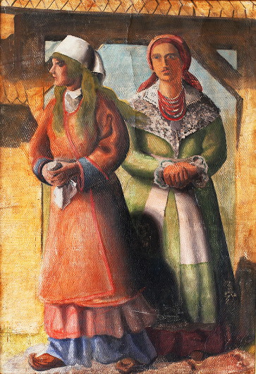 Image -- Antin Maliutsa: Two Women by the Gate (1930s).